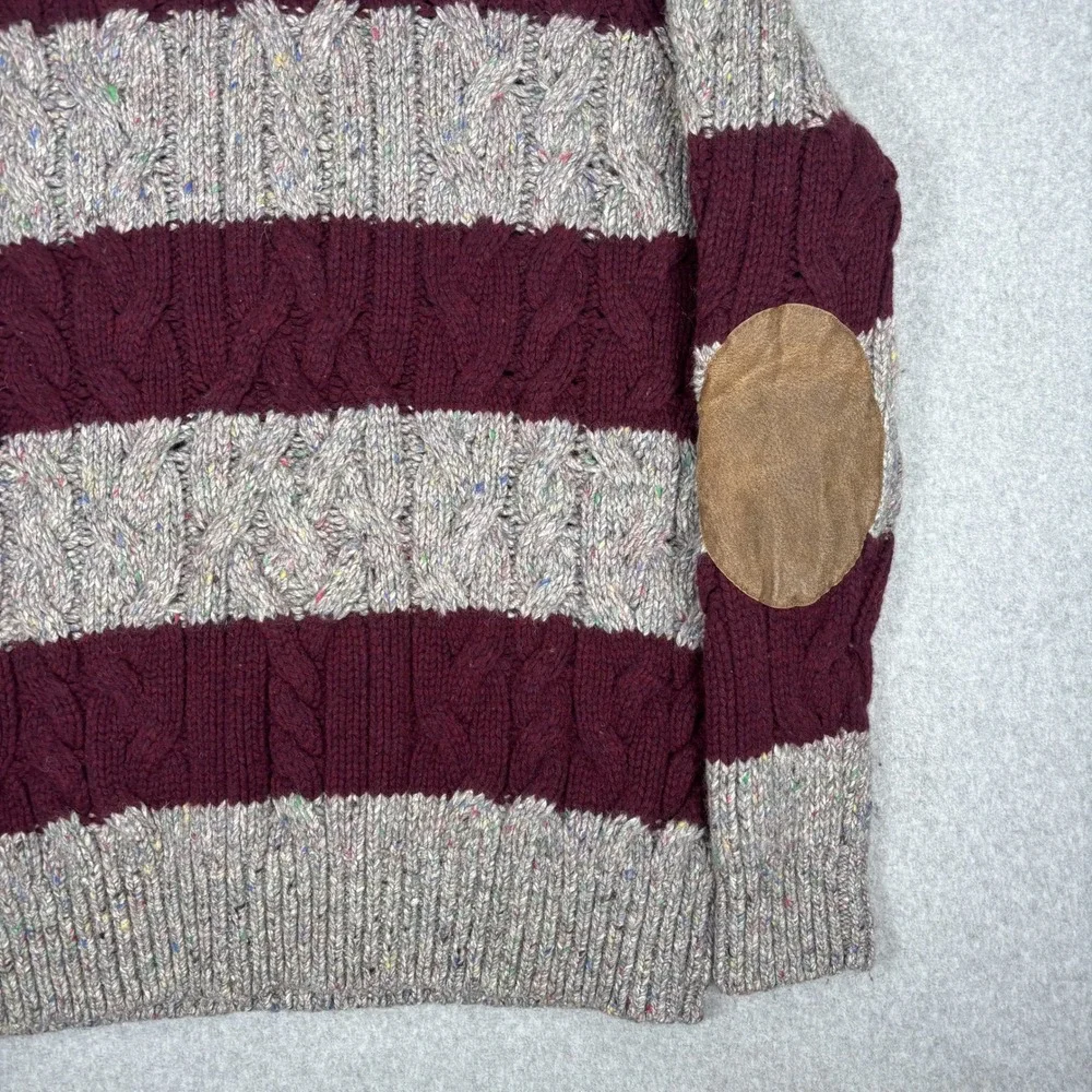 Tommy Hilfiger Sweater Mens XXL Silk Wool Burgundy Grey Striped Knit Elbow Patch